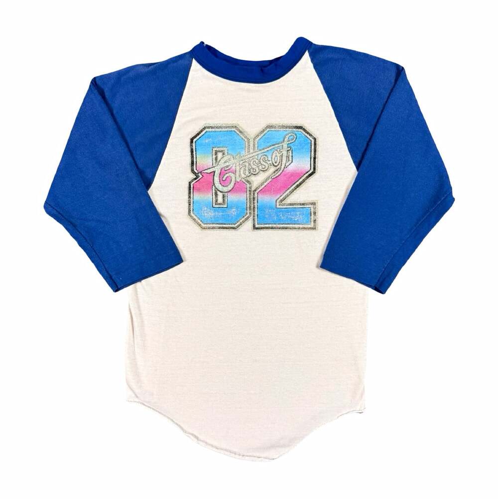 Vintage Single Stitch Faded Raglan T-Shirt Blue/White 3/4 Sleeve Class of 82